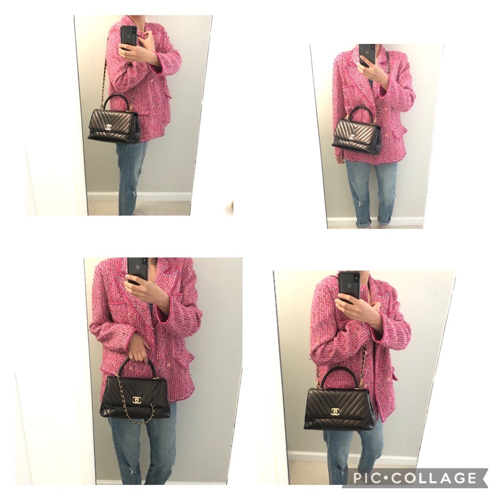 Chanel Coco top handles chevron Iridescent calfskin Leather flap small size bag.